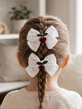 Handmade White Eyelet Cherry Hair Bows – Set of 2